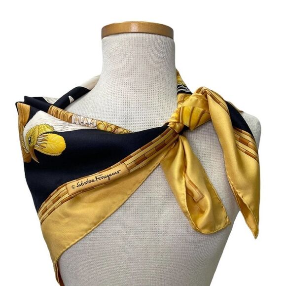 Vintage 90’s Salvatore Ferragamo Black & Gold Rooster Chicken Silk Scarf - Picture 5 of 8